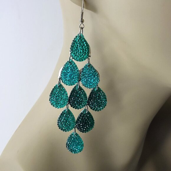 Aqua Green Dangling Long Earrings Light Chandelier Earrings - Picture 1 of 4